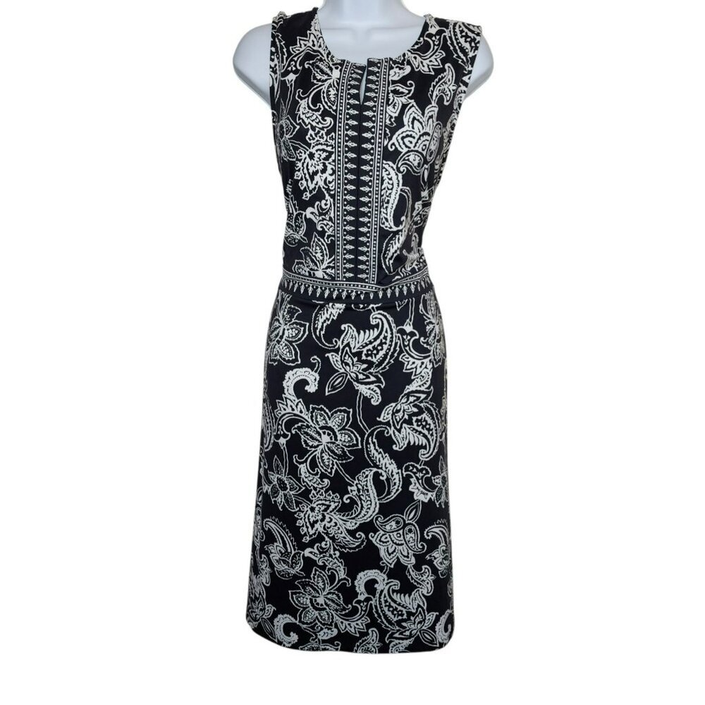 Talbots Dress XL | Black White Floral Print | Stretch Sleeveless 43"